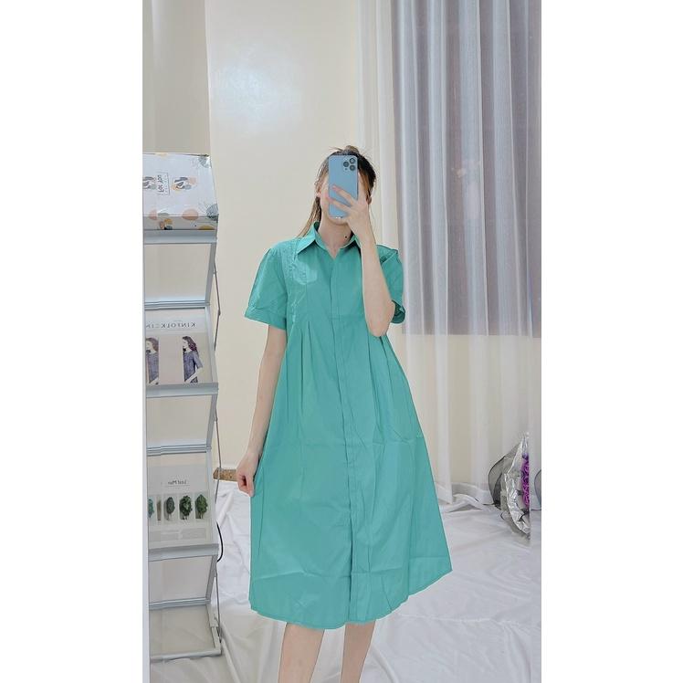 Váy Bầu Công Sở Ngắn Tay -Đầm Bầu Dáng Suông Cổ Sơ Mi Chất Mát freesize từ 45-70kg