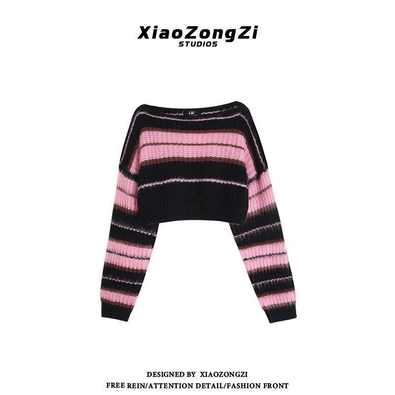 ÁO LEN CROTOP SỌC HỒNG ĐEN ULLAZANG