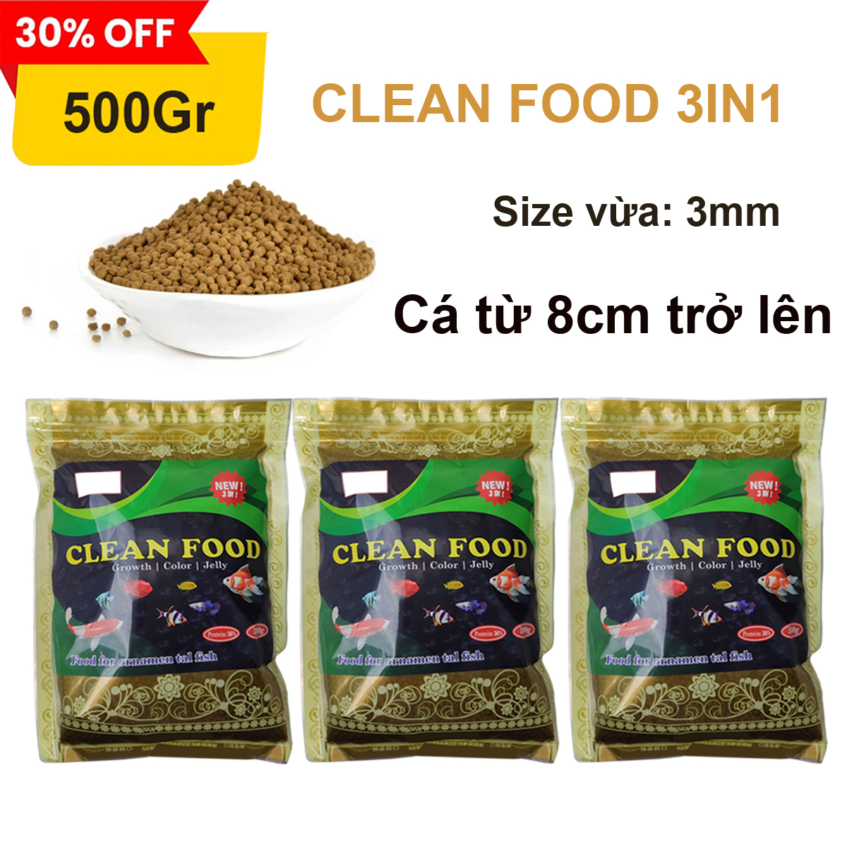 3 Gói Thức Ăn Cá Cảnh, cám Cá Koi hạt nhỡ 3mm (Cho cá size 8cm trở lên) - Nhanh lên size, lên màu, tăng cường sức đề kháng 500Gr