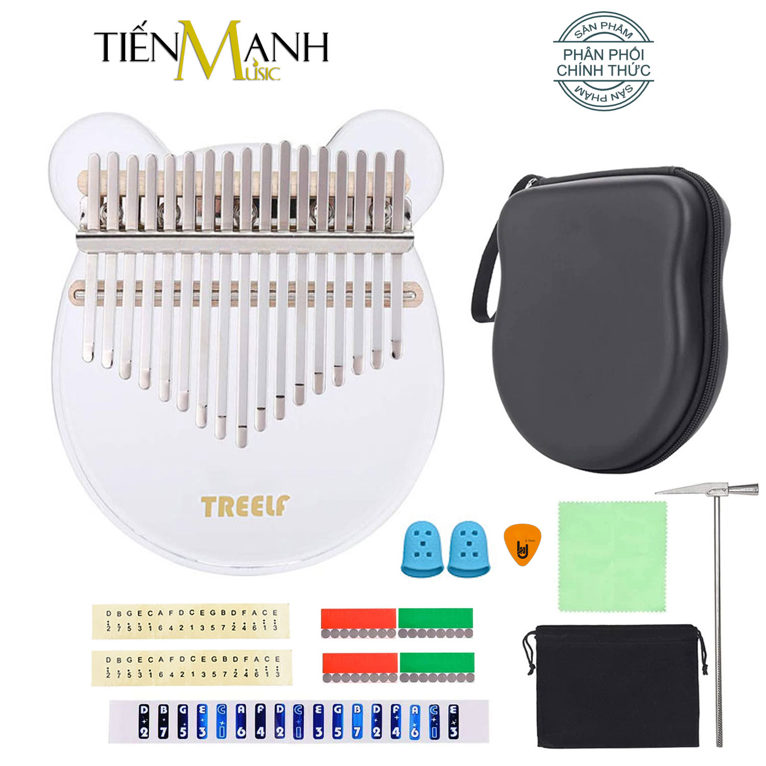 Đàn Kalimba Trong Suốt Treelf TF-17CB Hình Gấu - 17 Phím Acrylic TF17CB (Hộp cứng chống sốc, Búa chỉnh âm, Sticker dán note, Khăn lau, Sách học) - Kèm Móng Gẩy DreamMaker