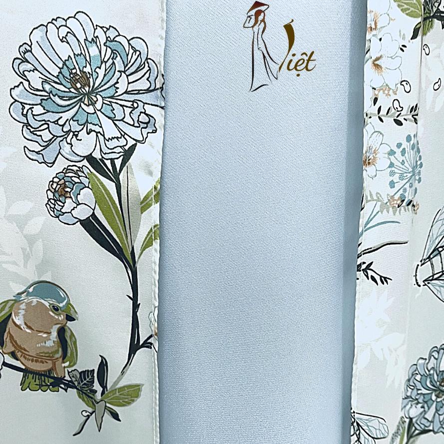 Áo dài hoa nhí màu xanh nhạt lụa satin cao cấp truyền thống may sẵn