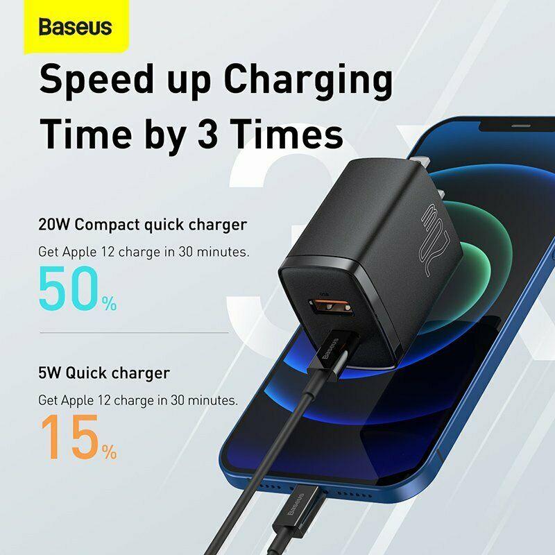Củ sạc nhanh PD 20W Baseus Compact Quick Charger chuôi dẹt 1 cổng Usb và Type-C - Hàng chính hãng