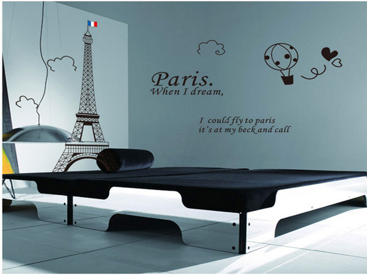 Decal dán tường thành phố paris mộng mơ và tháp eiffel đen