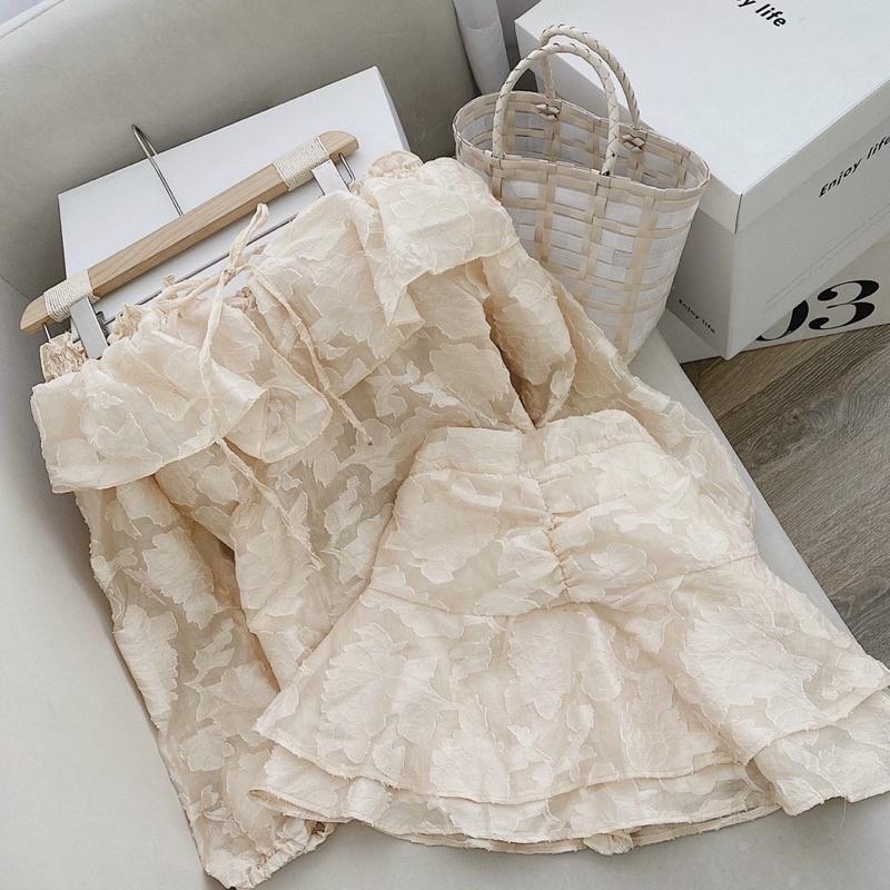 Sét Áo Nude Hoa Nổi Bẹt Vai Mix Chân Váy Siêu Xinh