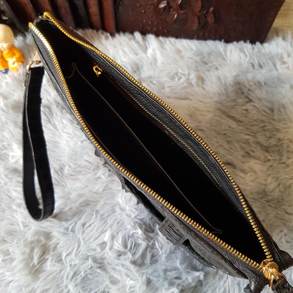 Ví Cầm Tay Da Cá Sấu | Ví Clutch Da Cá Sấu Gù To | Màu Đen | Da Nguyên Tấm