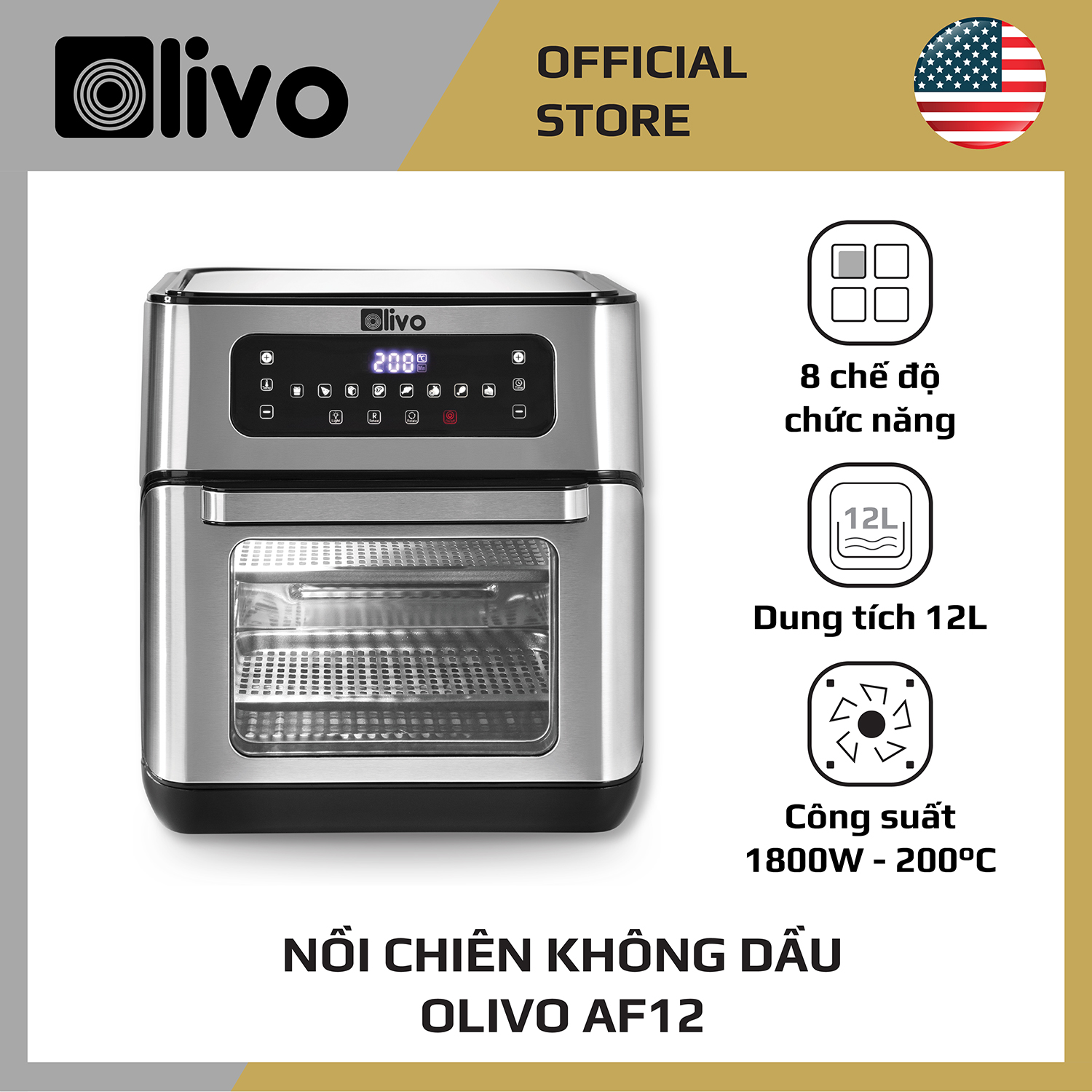 Nồi Chiên Không Dầu OLIVO AF 12 [Hàng Chính Hãng] Dung Tích 12L - Công Suất 1800W