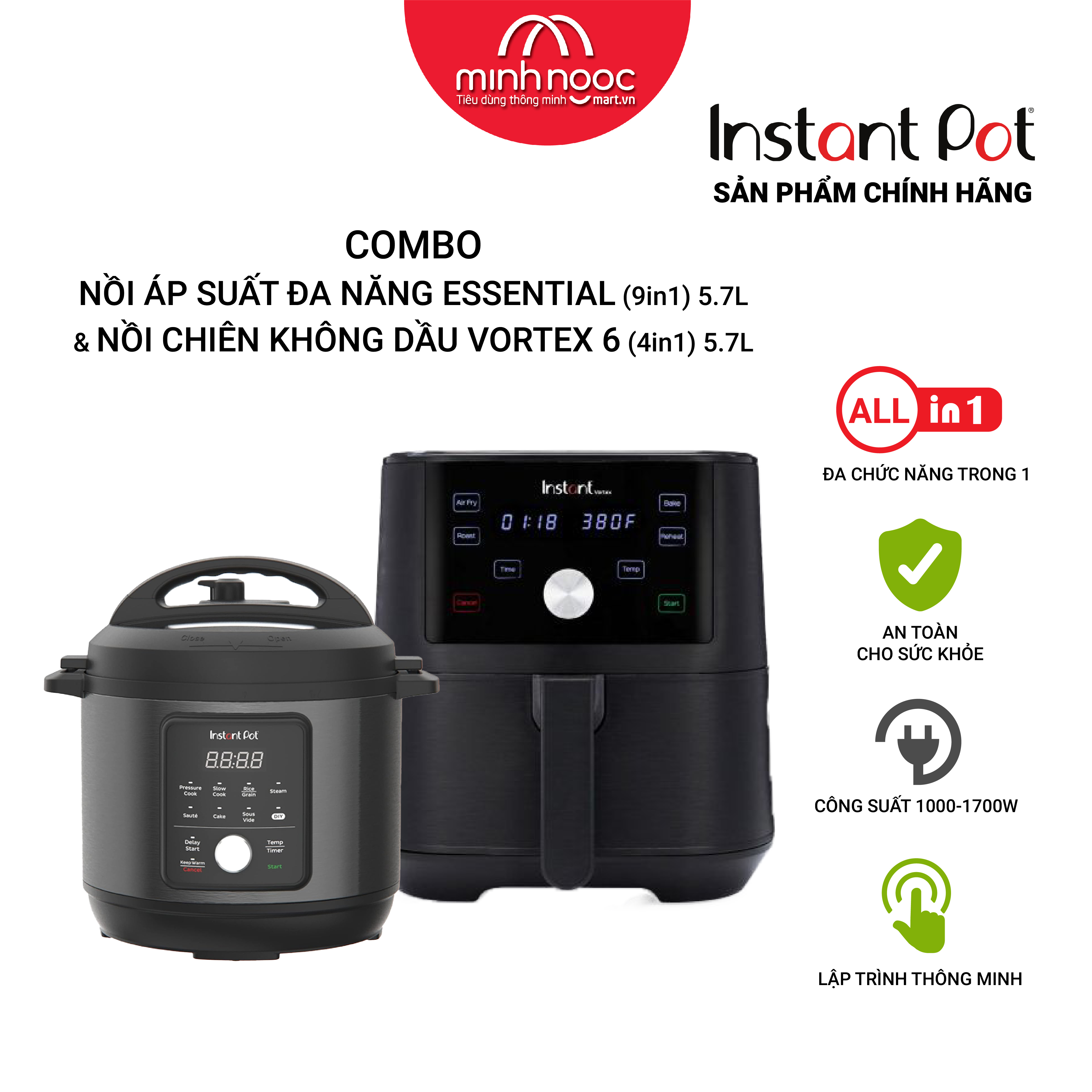 Nồi Áp Suất Điện Đa Năng Instant Pot Essential dung tích 5.7 lít. 9 chức năng trong 1 & Nồi chiên không dầu Instant Vortex dung tích 5.7 lít. 4 chức năng trong 1