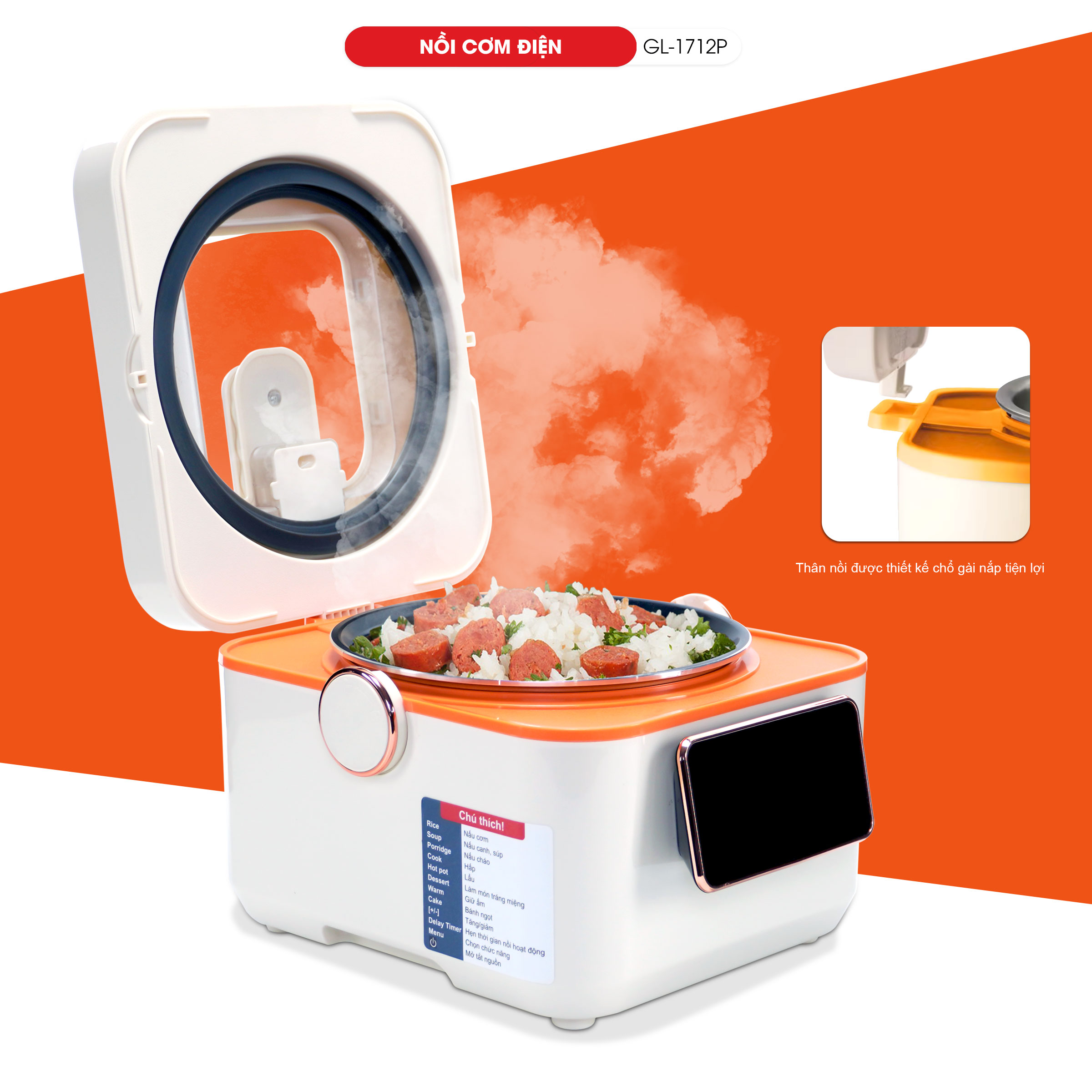Nồi cơm điện Gali GL-1712P Dung tích 1.2L. Thiết kế đa chức năng nấu, nhỏ gọn, nắp có thể tháo rời. Lòng nồi siêu dày, giữ nhiệt tốt. Hàng chính hãng bảo hành 24 tháng