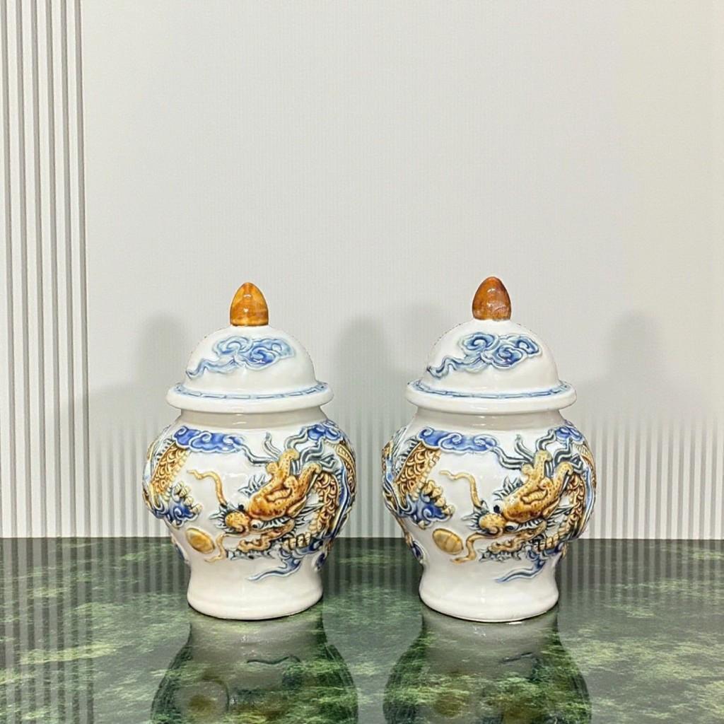 Bộ sứ thờ men trắng RỒNG VIỆT - gốm bát tràng đắp nổi rồng phượng tinh xảo cho ban thờ thần tài