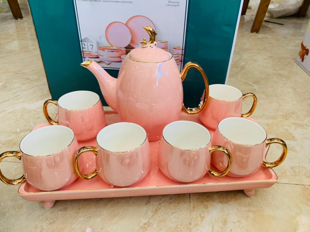 Bộ ấm chén pha trà men sứ ánh trai cao cấp - hồng