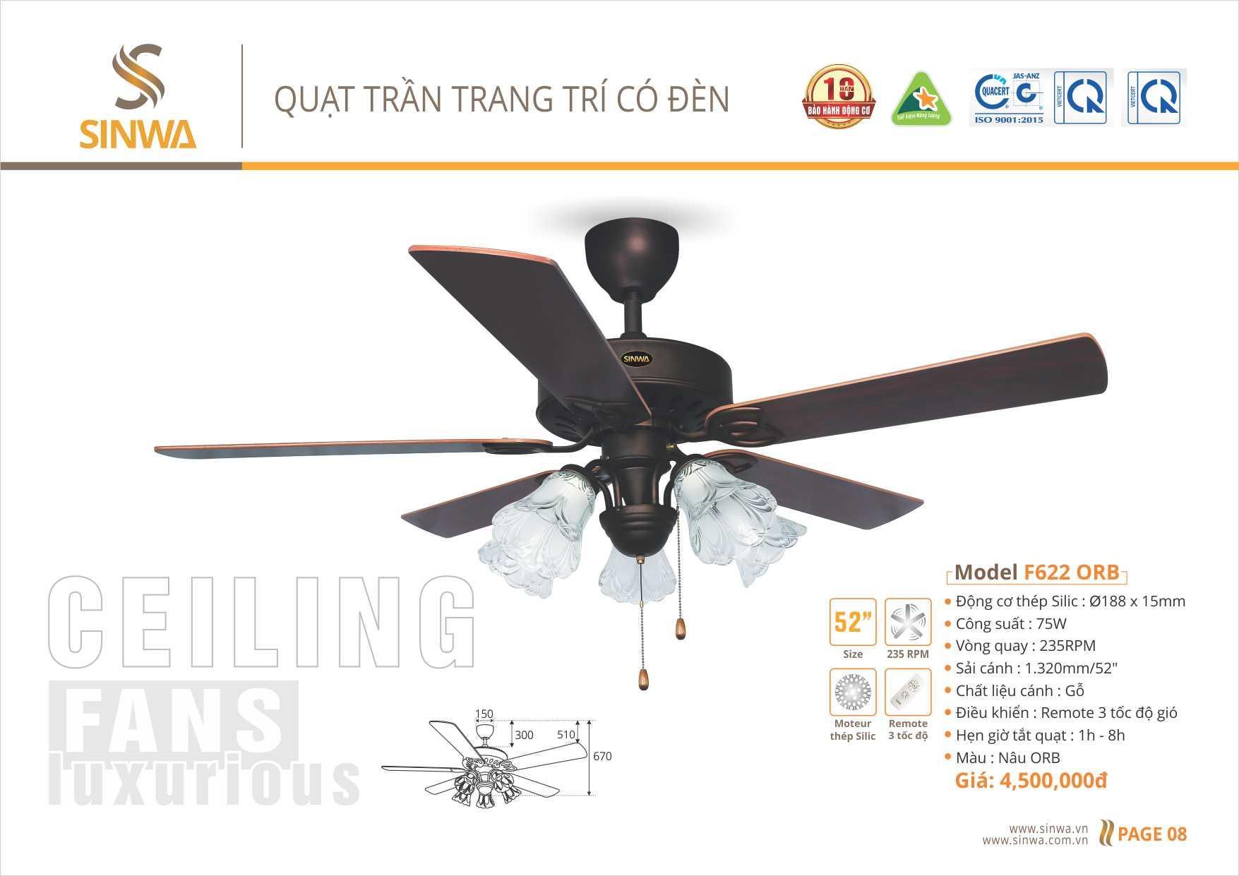 QUẠT TRẦN ĐÈN 52INH SINWA F622 ORB (Hàng chính hãng)