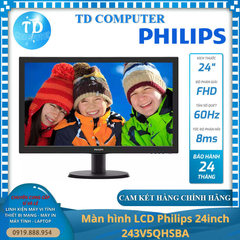 Màn hình Philips 24inch 243V5QHSBA (23.6&quot; FHD 60Hz, HDMI+VGA+DVI) - Hàng chính hãng DGW phân phối