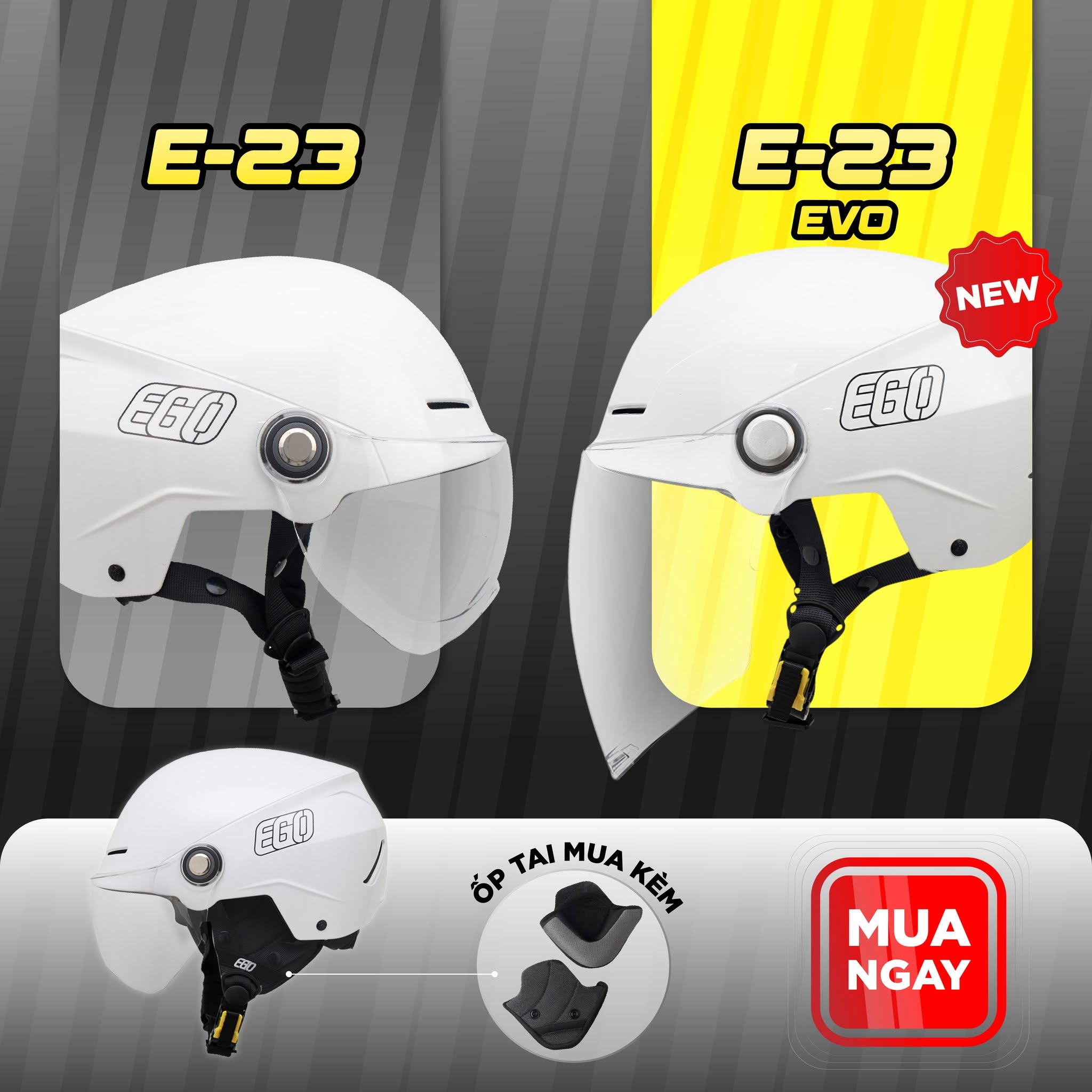 Mũ Bảo Hiểm Nửa Đầu EGO E-23 Không Kính Nhẹ Nhỏ Gọn Núm Vặn Tăng Giảm Size