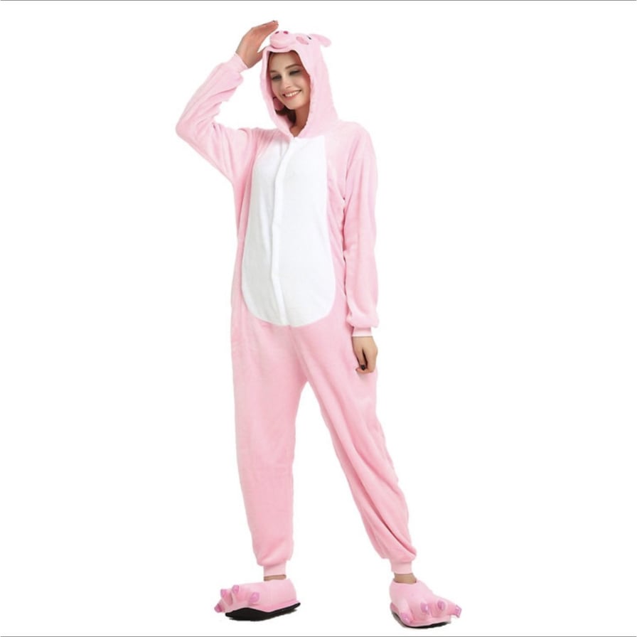 Combo Bộ đồ thú hình heo hồng kèm dép cho người lớn