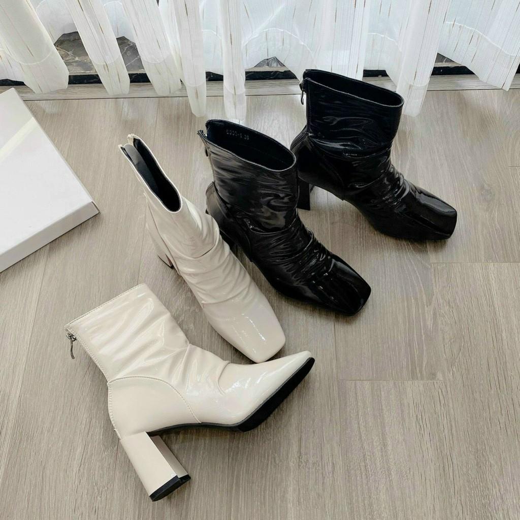 Boots nhăn 7 phân da bóng, Bốt nữ cao cổ da nhăn Bụng Bự Store 2020