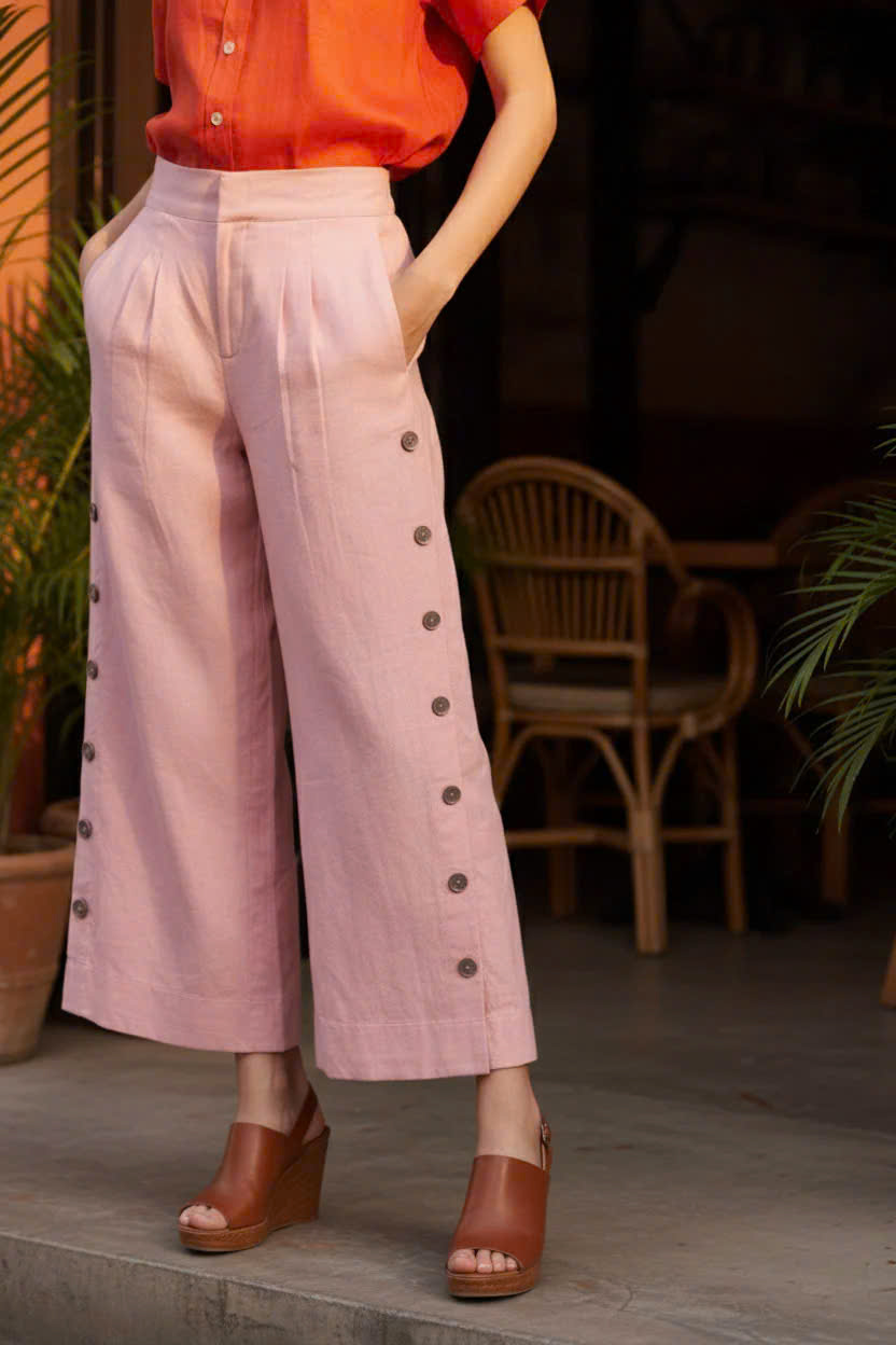 Quần Ống Rộng Xẻ Linen Anh Đào, Quần Culottes Ống Rộng Xẻ Đính Nút Linen Hồng Pan068
