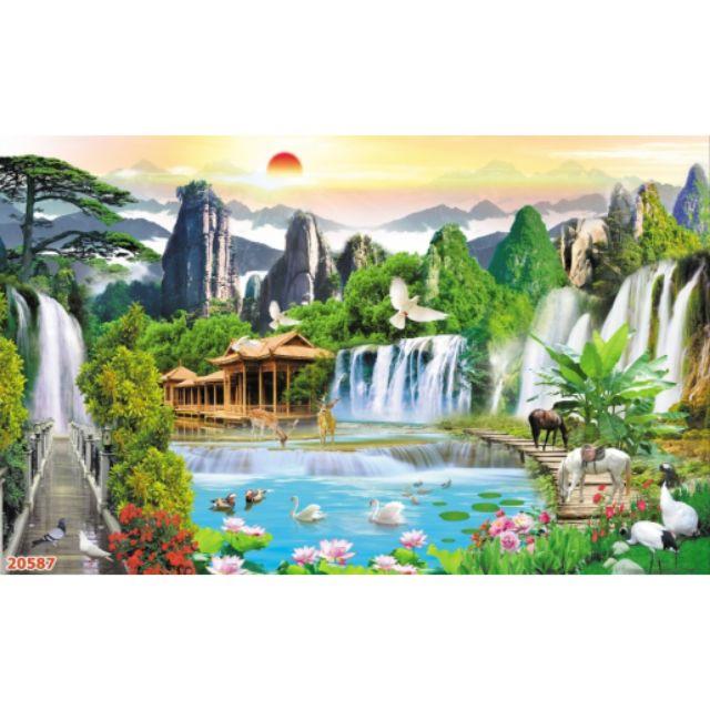 Tranh dán tường 3D Vải lụa sơn thủy