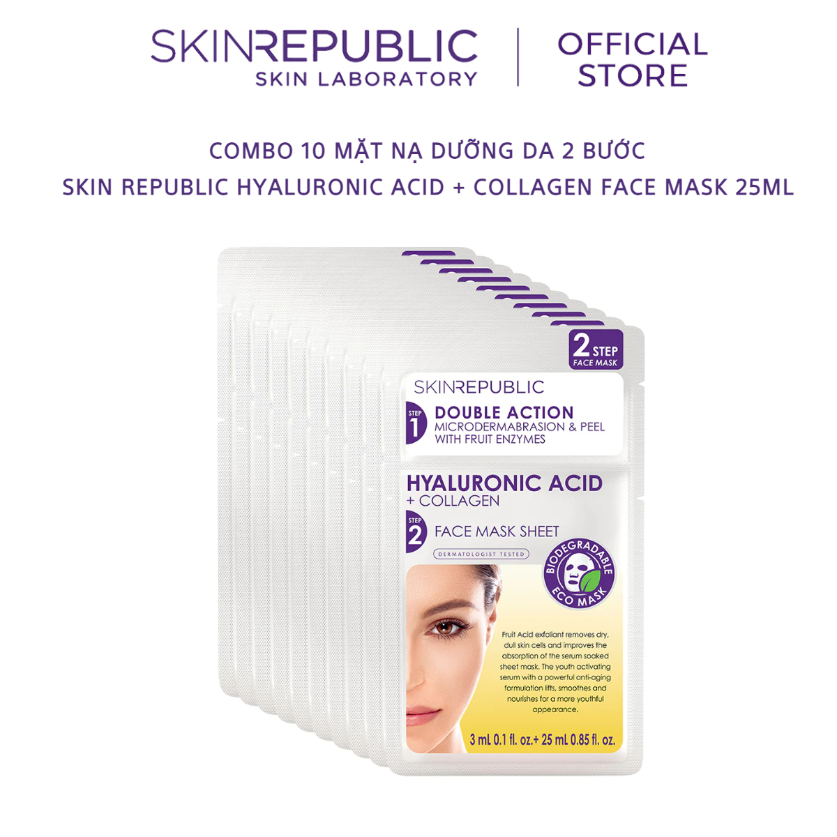 Combo 10 Mặt nạ dưỡng da 2 bước Skin Republic Hyaluronic Acid + Collagen Face Mask 25ml