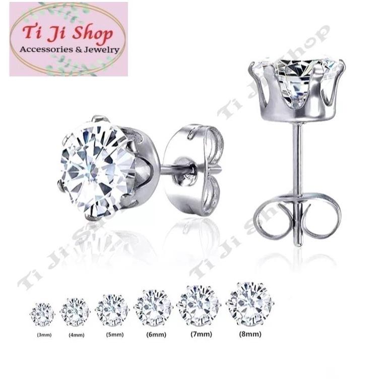Bông tai inox đá tròn màu trắng cao cấp - 1 đôi -không đen, không gỉ sét,  không dị ứng