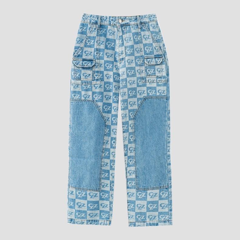 Quần jean Double Knee Caro Pants, ống suông vải bò unisex nam nữ xanh