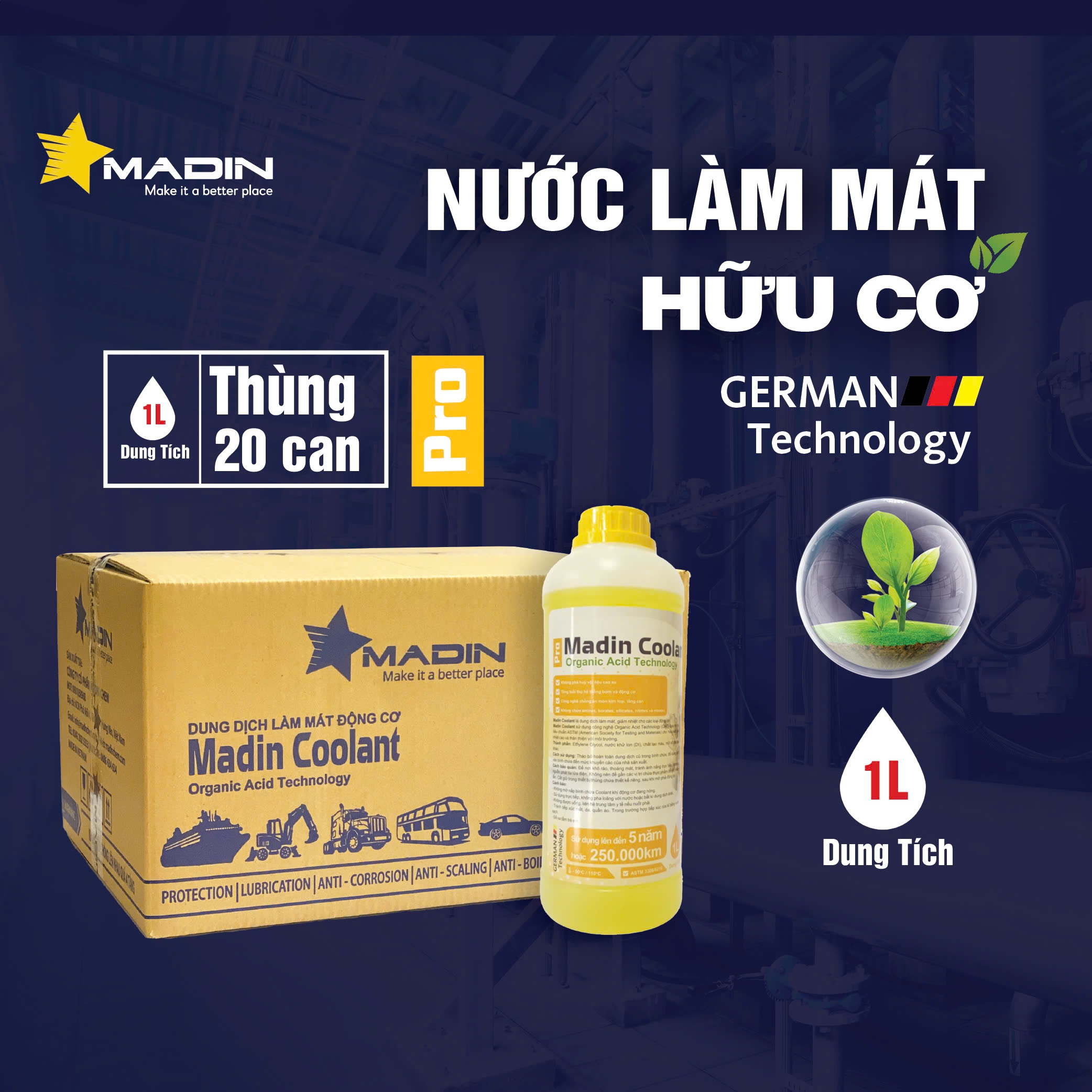 [Thùng] Dung dịch Làm Mát Ô tô, Xe máy, Động Cơ Madin Coolant Pro 60% Mono Ethylen Glycol