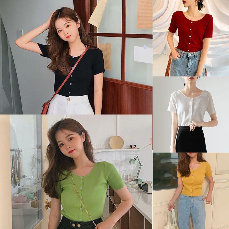 Áo thun dệt kim tay ngắn cổ vuông