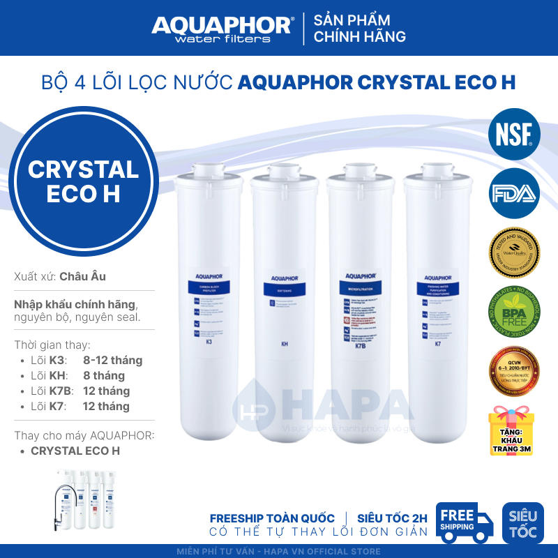 Bộ 4 Lõi Lọc Nước AQUAPHOR Nhập Khẩu Thay Cho Máy AQUAPHOR CRYSTAL ECO H - Hàng Chính Hãng