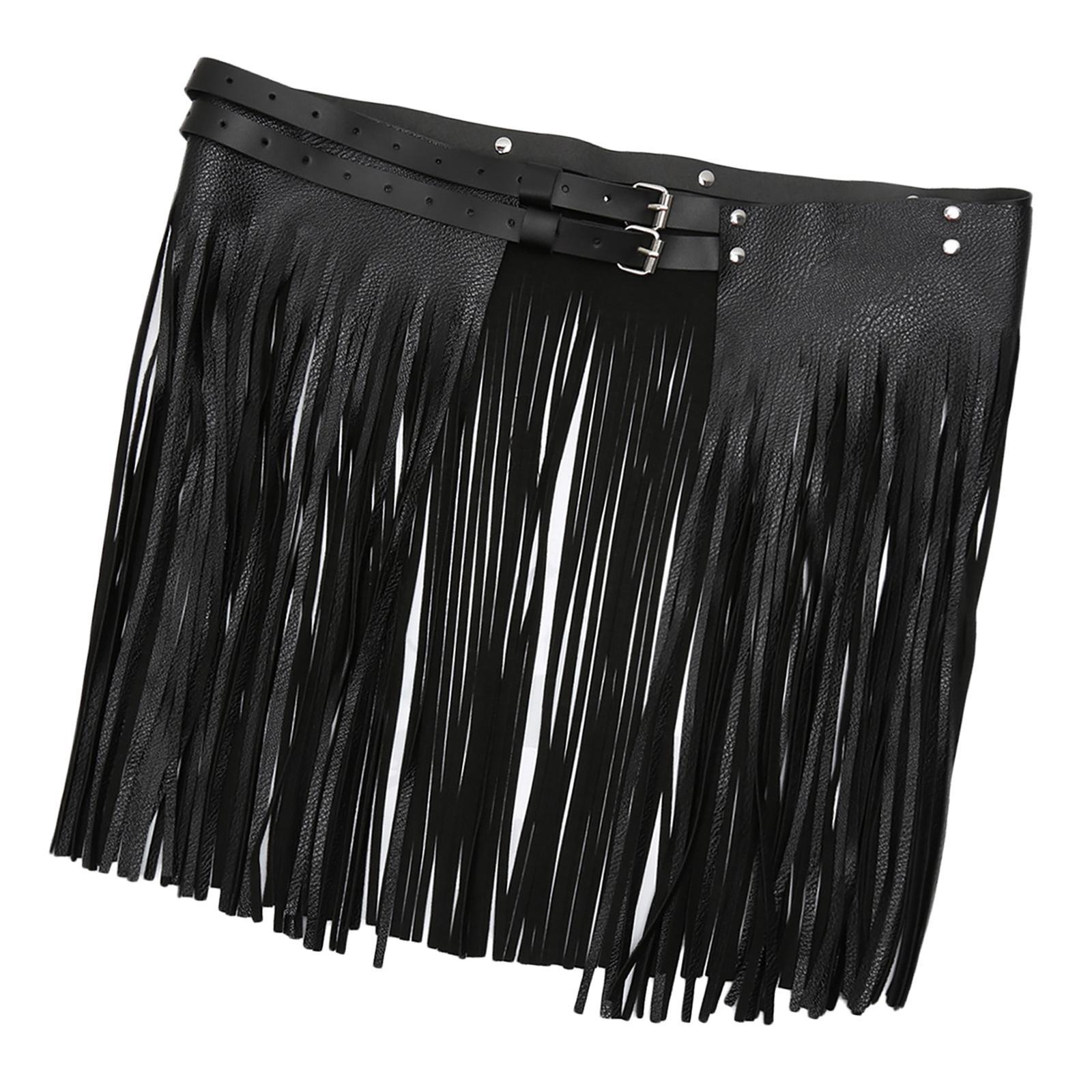 Women Punk Gothic Faux Leather Fringe Tassel Skirt Belt Clubwear Dance Dress