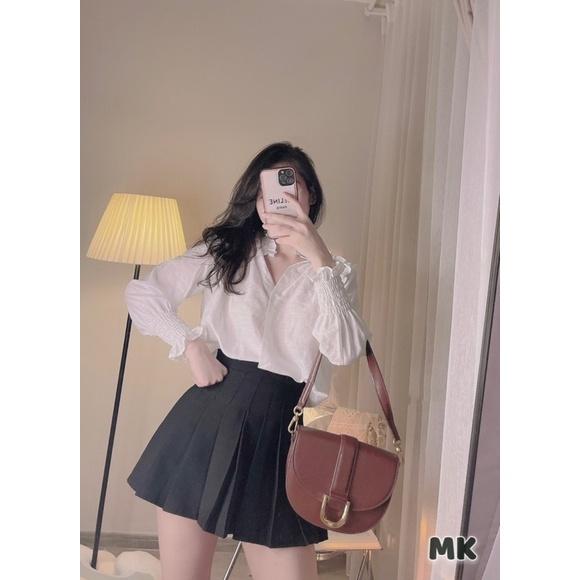 Áo sơ mi nữ cổ bèo cách điệu tay chun sang chảnh