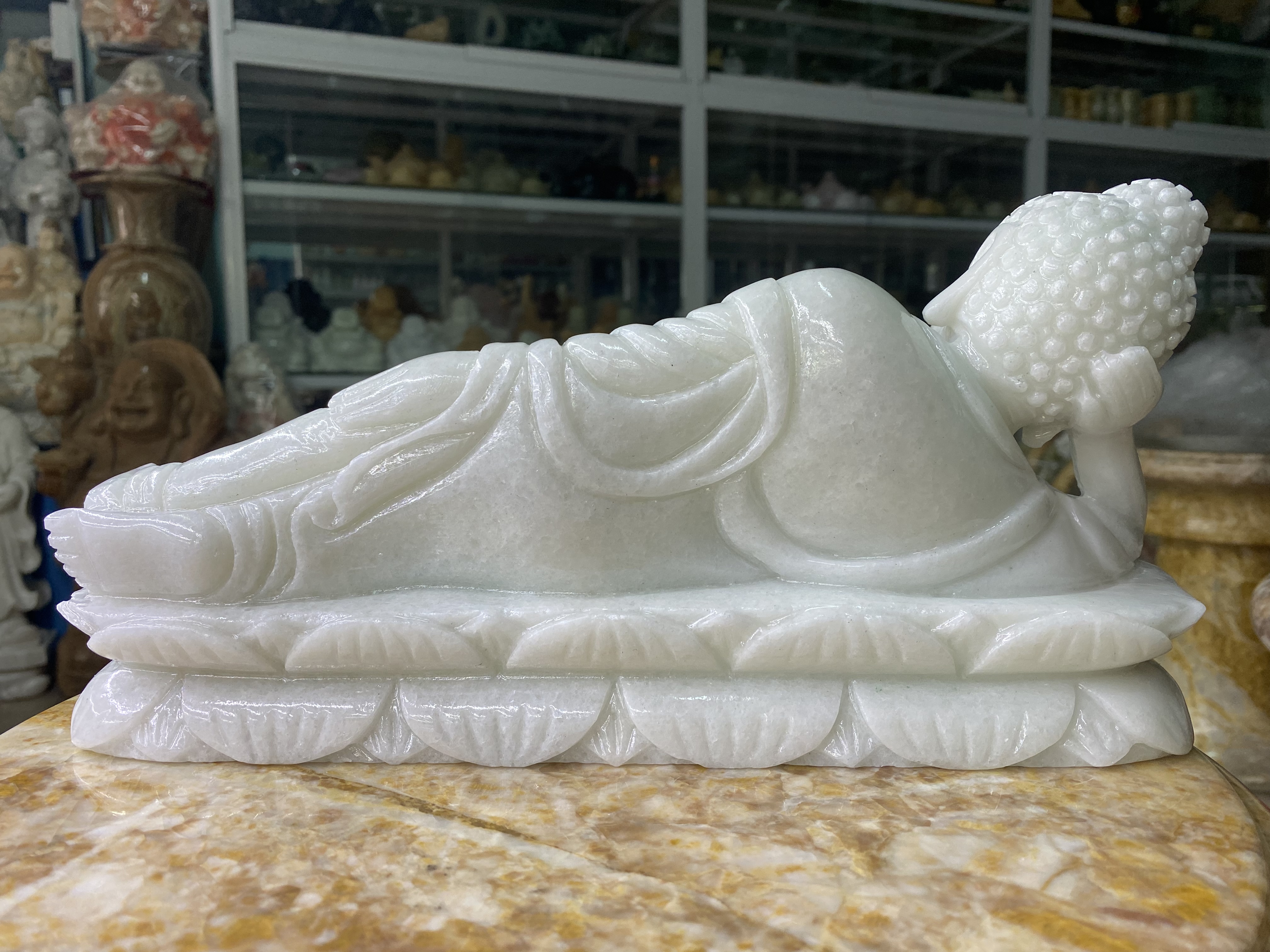 Tượng Phật Nhập Niết Bàn Đá Cẩm Thạch Trắng - ngang 30.5cm