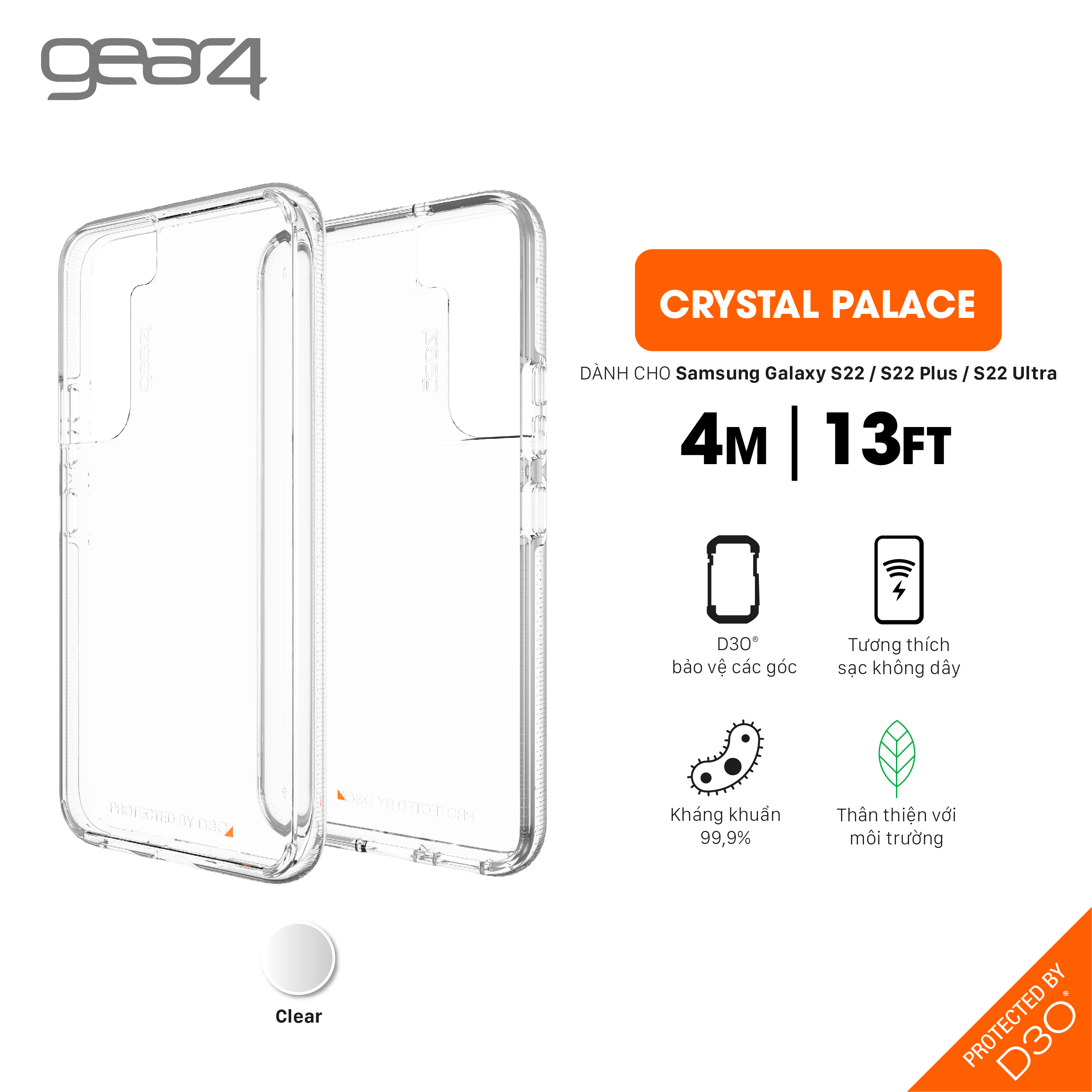 Ốp lưng chống sốc Gear4 D3O Crystal Palace 4m cho Samsung Galaxy S22 Series - Hàng chính hãng