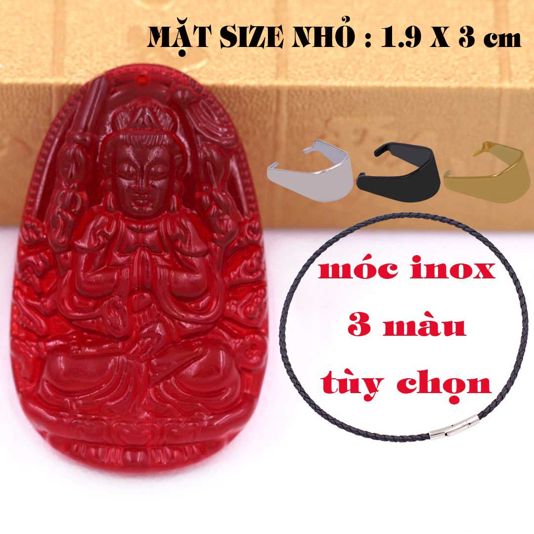 Mặt Phật Thiên thủ thiên nhãn pha lê đỏ 1.9cm x 3cm  kèm vòng cổ dây da đen + móc inox vàng, Phật bản mệnh, mặt dây chuyền