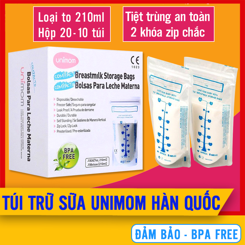 Túi Trữ Sữa Unimom 210ml (Hộp 20 - 10 Túi) Compact BPA Free - Hàng Hàn Quốc, Tiệt Trùng, 3 Khóa Zip Chắc Chắn, 2 Lớp Dày, Túi Đựng Sữa Mẹ, Tui Tru Sua 210ml