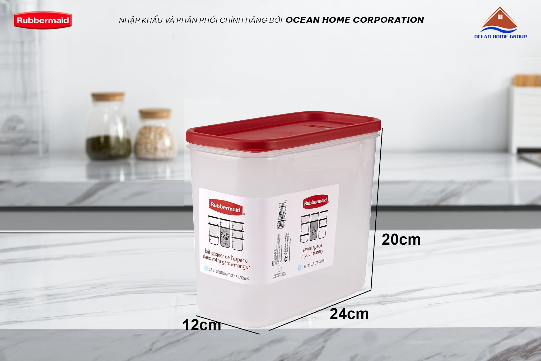 Hộp đựng đồ khô nguyên sinh nhựa nắp đỏ Rubbermaid USA size 3.8L