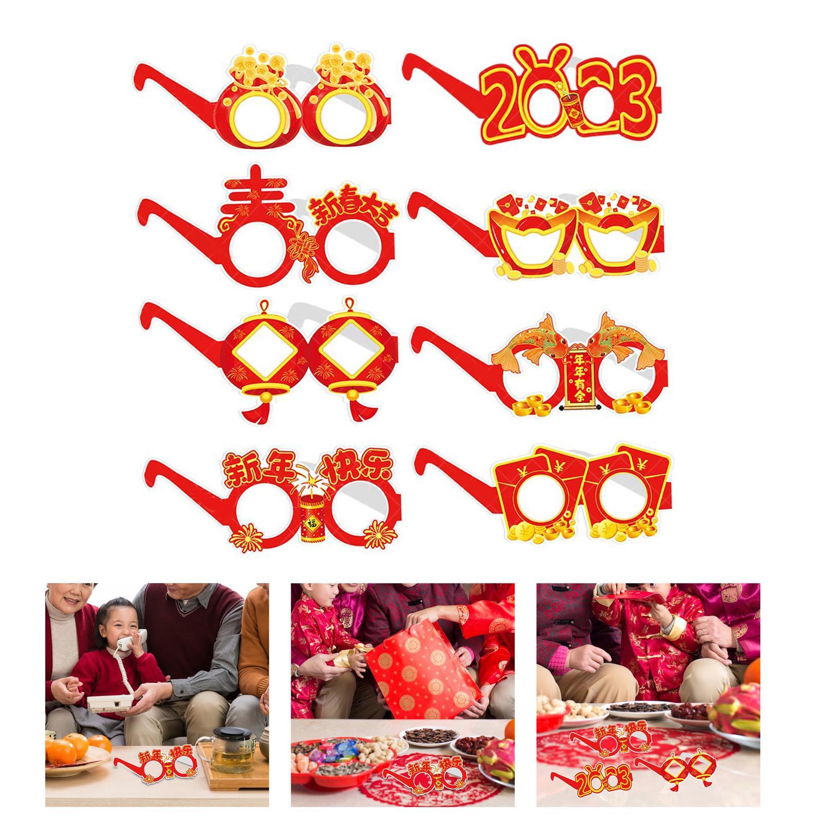 8x Cute New Year Photo Glasses Booth Props Frame Paper Prop Party Adults Kids Accessories