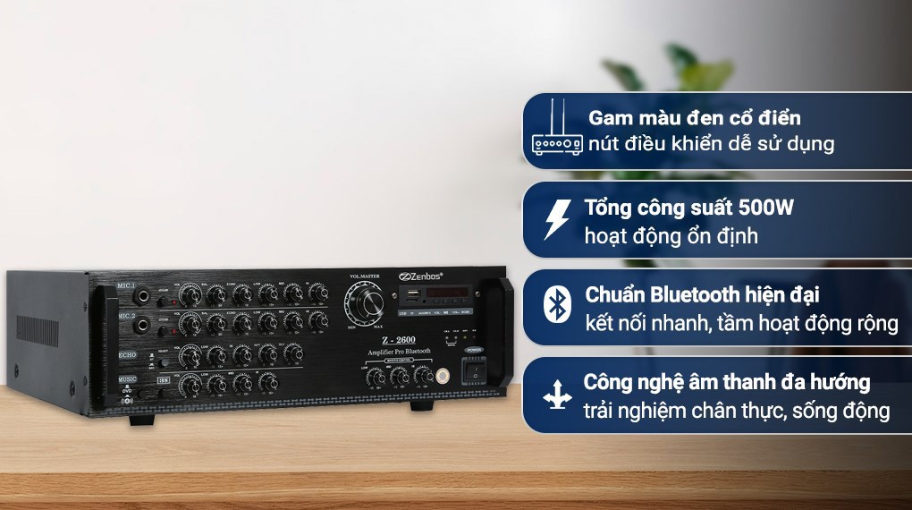 Dàn Karaoke gia dinh Loa Zenbos CR5 300W/Loa Bass 20 cm, 3 đường tiếng và Amply Karaoke Bluetooth Công Suất Lớn 500W Zenbos Z2600, 8 Sò(Hàng Chính Hãng)