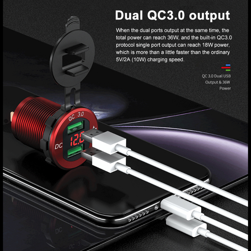 12V USB Outlet Car Charge Quick 3.0 Dual USB sạc ổ cắm với bộ sạc xe hơi bằng nhôm không thấm nước Voltmeter cho xe tải hàng hải