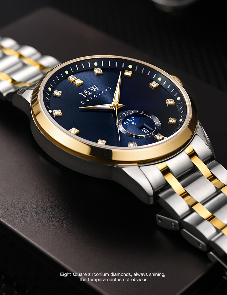 Đồng hồ nam chính hãng I&amp;W Carnival 625G-T2 hàng mới fullbox,kính sapphire,chống xước,chống nước 50m,Bh 24 tháng,máy cơ (automatic),mạ vàng dây thép không gỉ