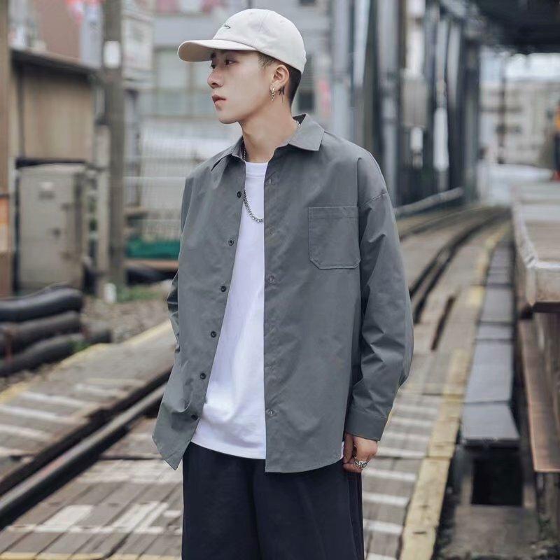 Áo Sơ Mi Nam Form Rộng Tay Dài Màu Trơn