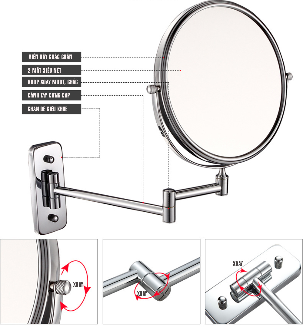 Gương trang điểm phóng đại 3 lần, xoay 360 độ, 2 mặt siêu nét, treo tường phòng tắm, phòng ngủ, Khách sạn, resort, Inox SUS 304, Size 15cm, 18cm, 20cm, Minh House
