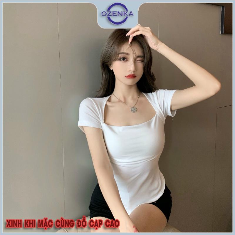 Áo thun vạt bầu ngắn tay cổ vuông ôm nữ , ao phông body nữ mẫu mới 2022 cotton 100% màu đen trắng dưới 50 cân