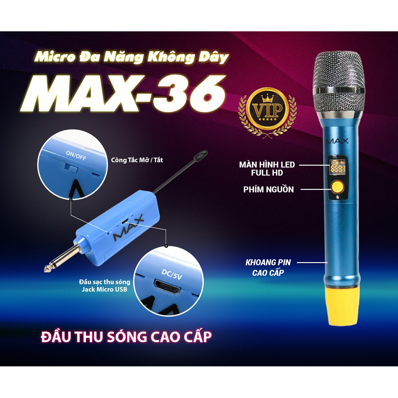 Bộ 2 Micro không dây đa năng Max 56 và Max 36 - Nâng cấp từ Max 39 - Hút âm tốt, Hạn chế hú rít - Sạc pin ngay trên mic - Pin sạc dung lượng cao - Màn hình LCD hiển thị tần số - Phù hợp mọi thiết bị - Micro karaoke - Hàng chính hãng