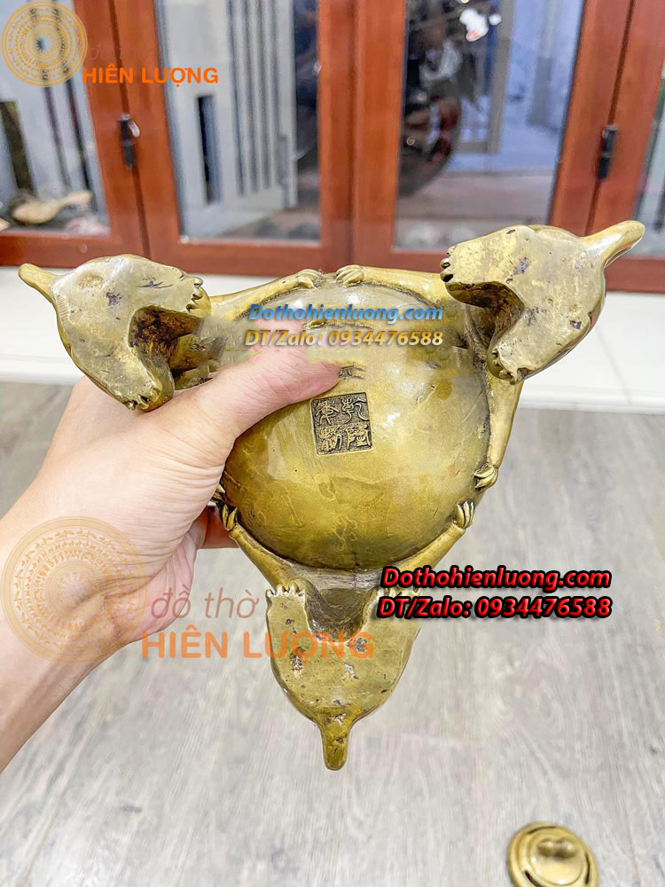 Lư Xông Trầm Tam Chuột Màu Vàng Bằng Đồng Nguyên Chất Kích Thước 20x15cm, Nặng 1,5Kg - Đồ Thờ Hiên Lượng