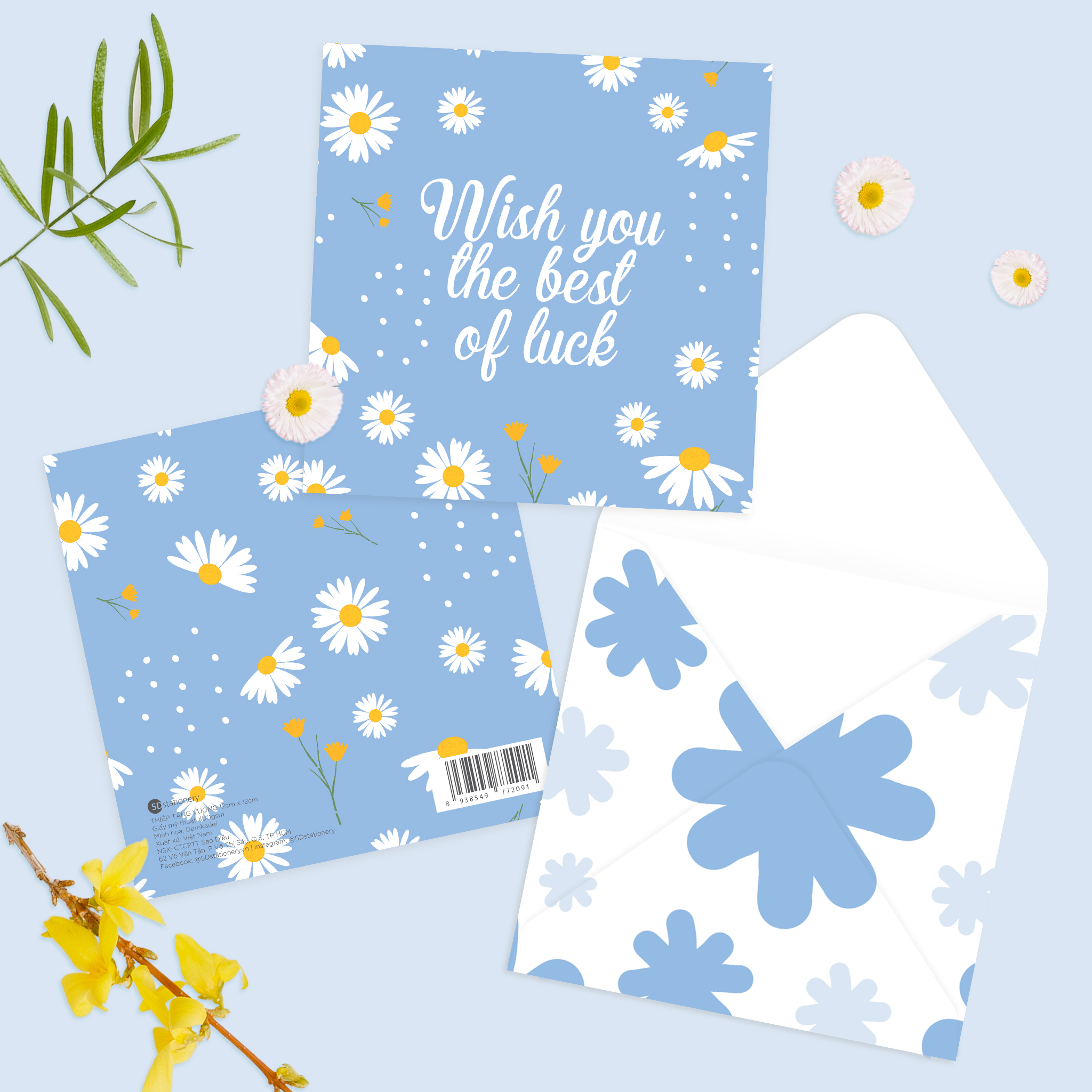 Set 4 thiệp chúc mừng, cảm ơn, động viên chúc may mắn SDstationery DAISY 12x12 họa tiết hoa cúc trang nhã màu sắc nhẹ nhàng