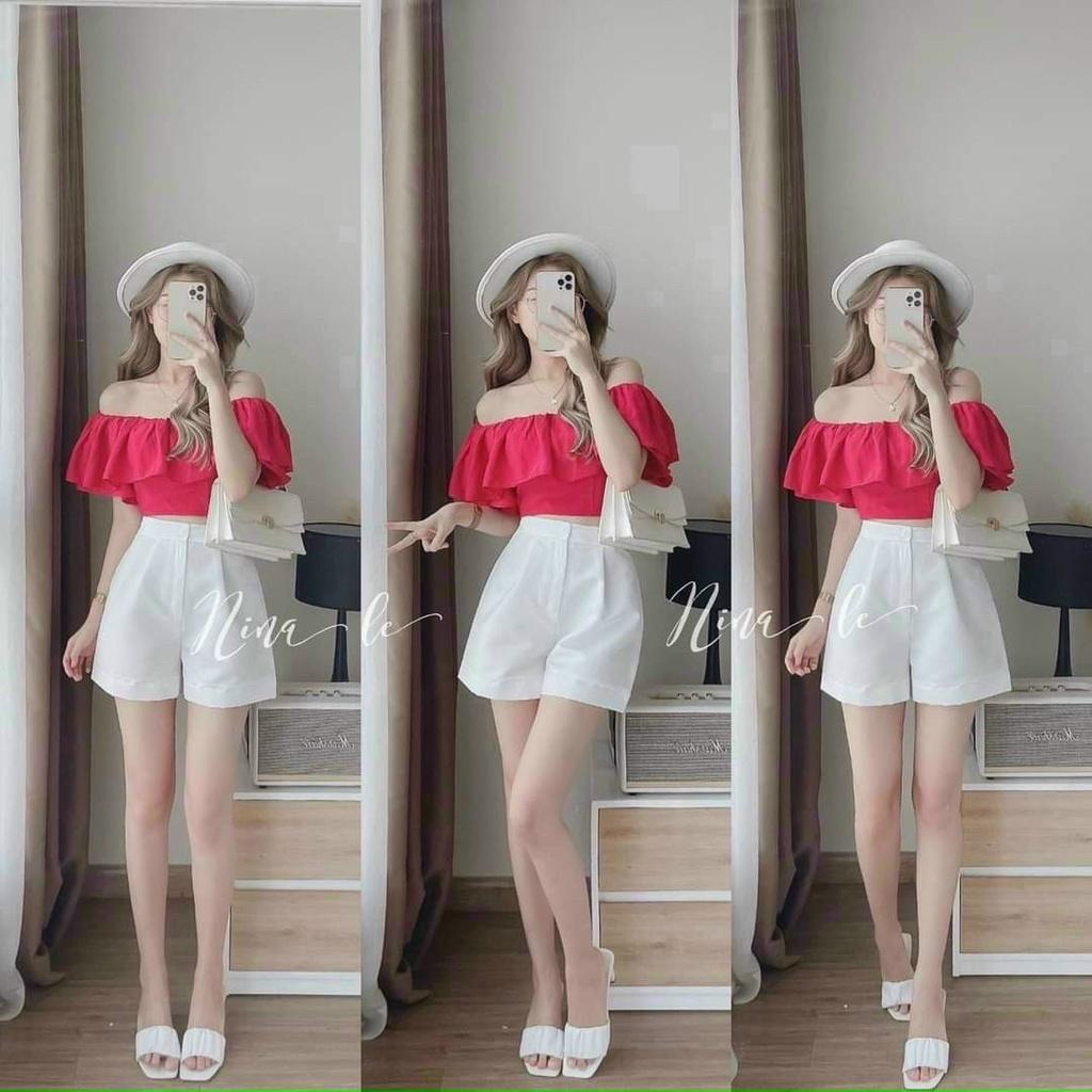 Sét bộ đồ nữ áo kiểu trễ vai có khóa kéo phối quần đùi trắng trẻ trung