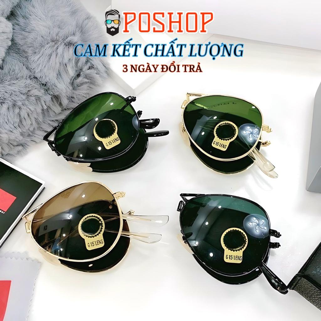 Kính mát nam nữ POSHOP gọng kim loại gấp xếp gập gọn kiểu phi công cổ điển tròng thuỷ tinh cường lực chống uv400 R3479