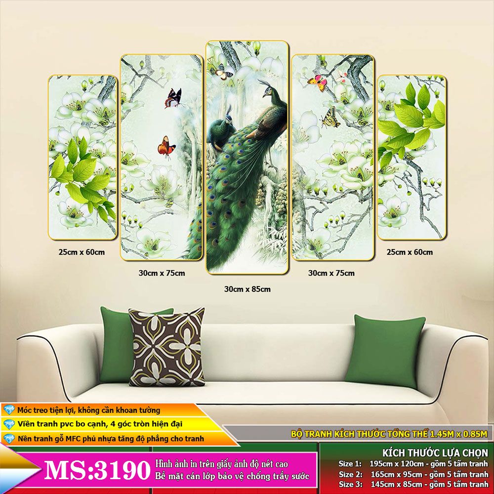 Tranh treo tường 5 tấm trang trí phòng khách, phòng ngủ, phòng ăn Chim công khổng tước: 3190L5