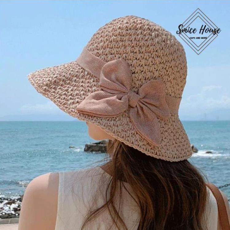 Nón mũ cói mềm đi biển rộng vành nữ có thể gấp gọn phong cách thời trang Hàn Quốc- Smice House
