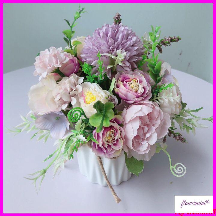 Hoa lụa, chậu hoa mini để bàn nhiều mẫu đẹp trang trí nhà cửa, bàn làm việc, kệ tủ, quầy lễ tân Flowermini LH-01