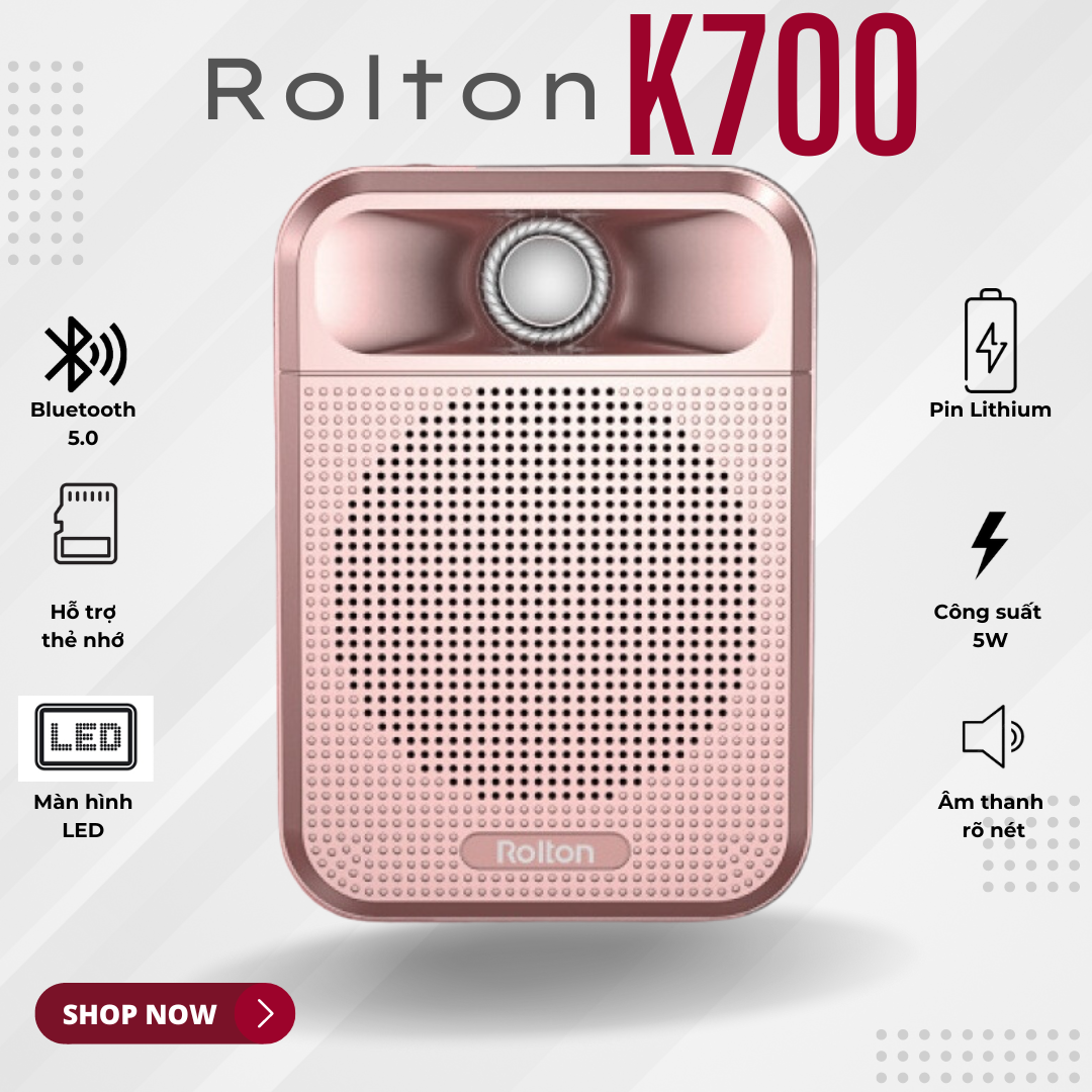Loa trợ giảng ROLTON K700 – Công suất 5W, Tần số rộng, Kết nối đa dạng Bluetooth 5.0 Thẻ nhớ microSD FM, Pinlithum dung lượng lớn, Sạc nhanh, Âm thanh chuyên nghiệp, Thiết kế nhỏ gọn, Giảng dạy, Hướng dẫn viên, Bán hàng, Hội thảo - Hàng nhập khẩu